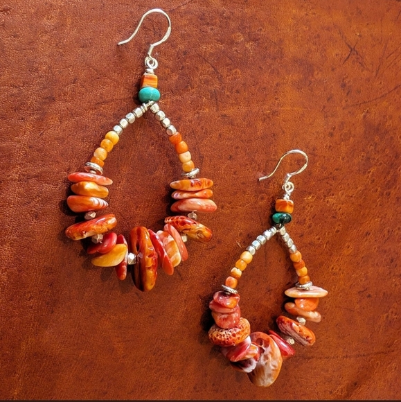 Orange Spiny Oyster Turquoise Sterling Silver Hoop Drop Earrings HM OAK - Picture 4 of 4